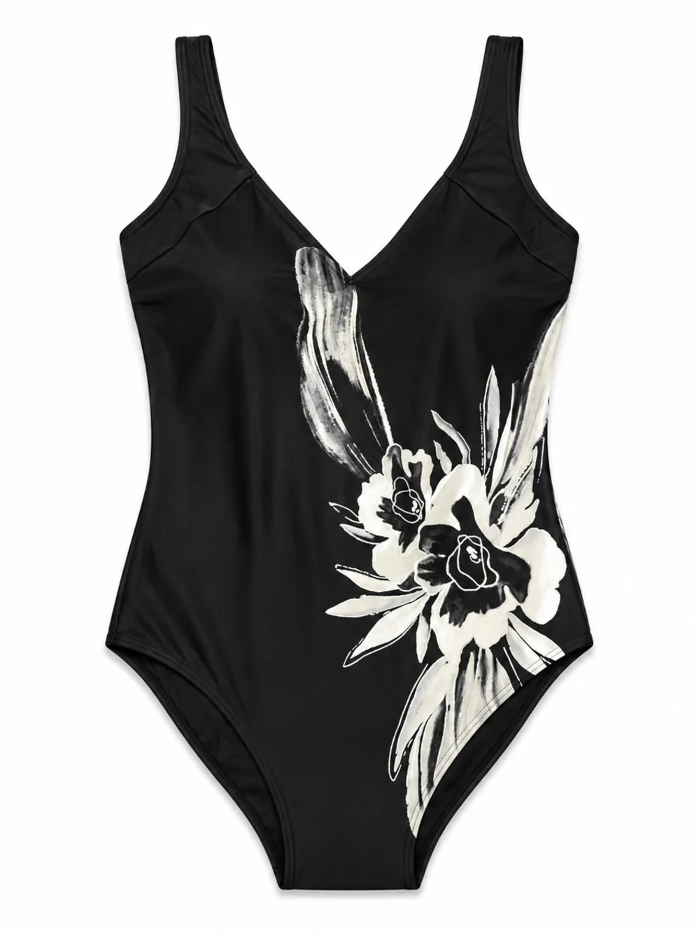 Vintage Black One-Piece Swimsuit with White Floral Print